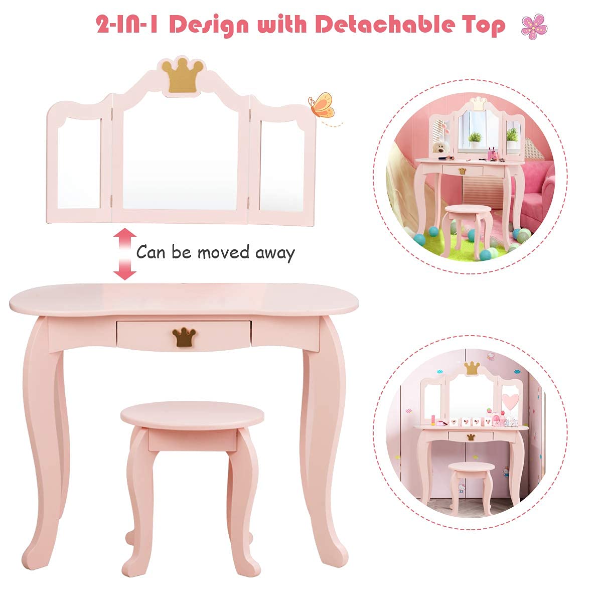 INFANS 2-in-1 Kids Dressing Table & Stool Set, Toddler Wooden Vanity Table with Tri-Fold Mirror & Drawer, Detachable Large Top, Princess Pretend Play Makeup Dresser for Little Girls