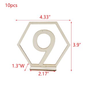 HEVSTIL 10pcs 1-10 Wooden Table Numbers, Wedding Table Numbers with Holder Base Wooden Table Numbers Hexagon Shape Table Numbers for Wedding Reception and Decoration