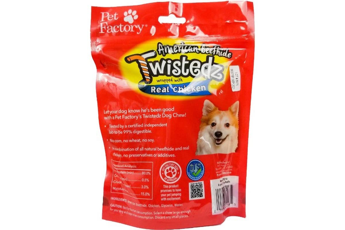 Pet Factory Twistedz American Beefhide 5" Chip Rolls Dog Chew Treats w/ Real Chicken Meat Wrap - 8 Count/1 Pack