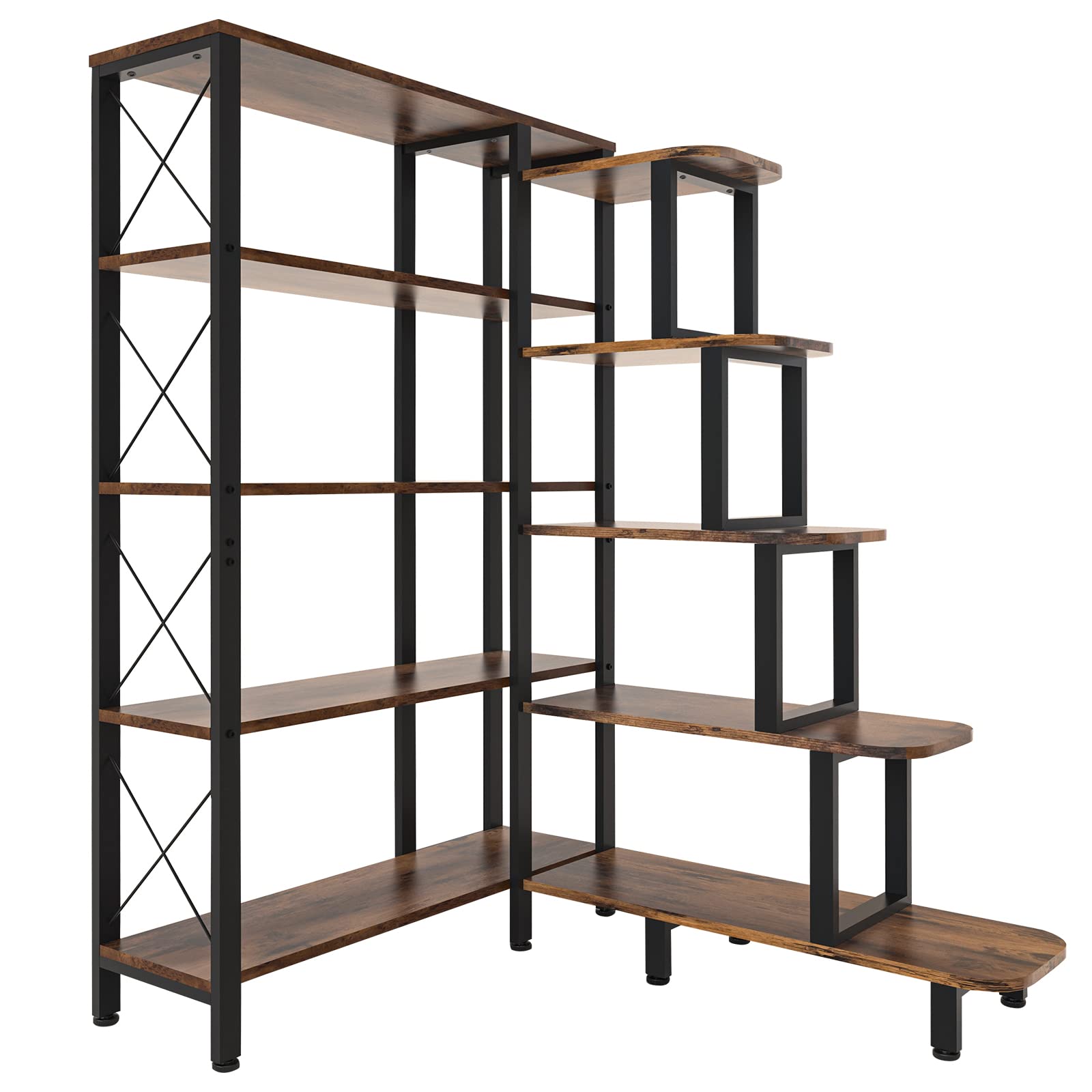 PONROL Large Corner Bookshelf Bookcase, Industrial Reversible 5 Tier Ladder Shelves Storage Display Rack with Metal Frame, Modern Home Office Furniture for Living Room Bedroom