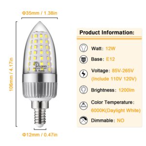 Aolang E12 LED Candelabra Bulb, 12W LED Candle Bulbs,100-Watt Light Bulbs Equivalent, Daylight White 6000K Chandelier Bulbs, E12 Candelabra Base, 85V-265V, 1200Lumens, Non-Dimmable (4 Pack)