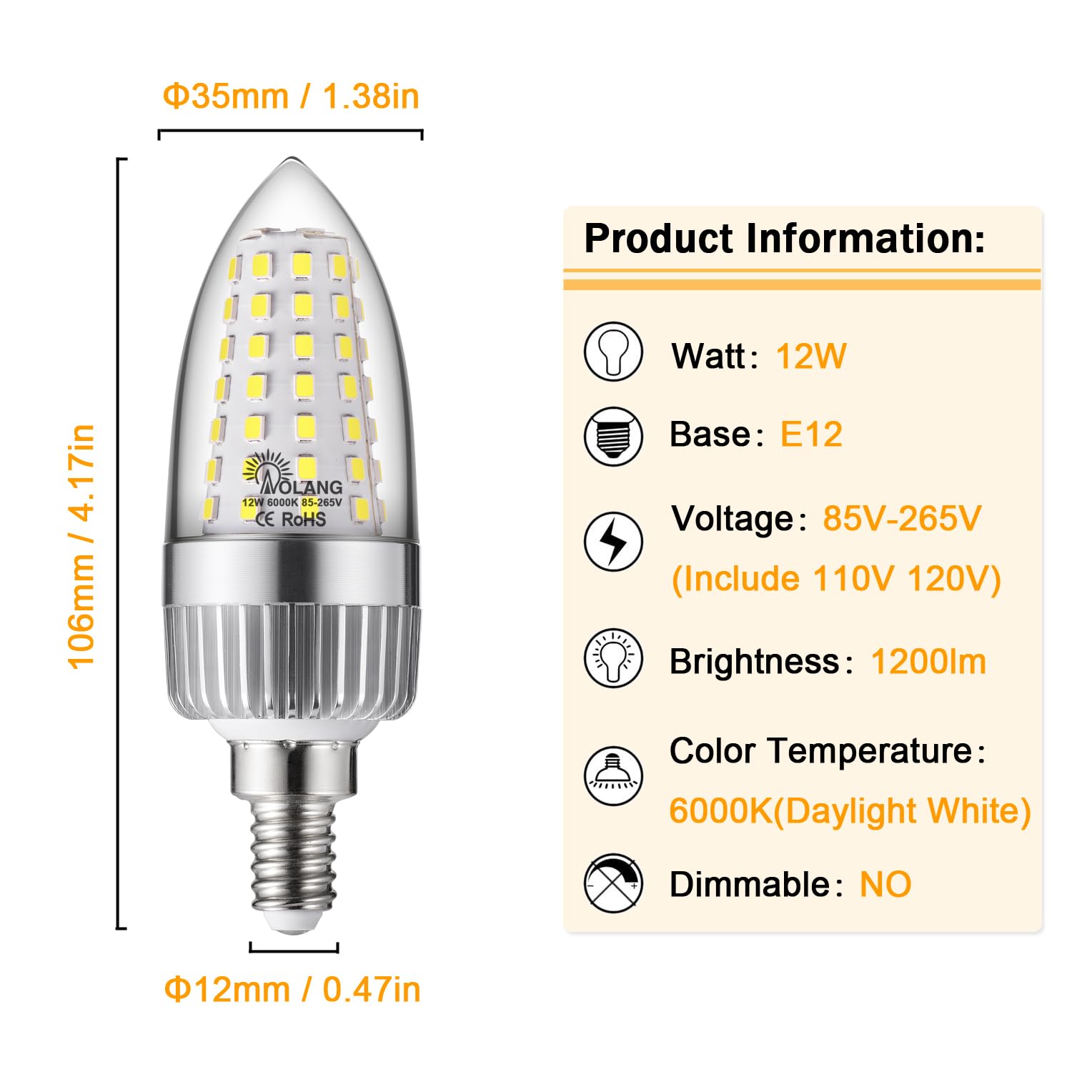 Aolang E12 LED Candelabra Bulb, 12W LED Candle Bulbs,100-Watt Light Bulbs Equivalent, Daylight White 6000K Chandelier Bulbs, E12 Candelabra Base, 85V-265V, 1200Lumens, Non-Dimmable (4 Pack)