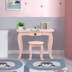 INFANS 2-in-1 Kids Dressing Table & Stool Set, Toddler Wooden Vanity Table with Tri-Fold Mirror & Drawer, Detachable Large Top, Princess Pretend Play Makeup Dresser for Little Girls