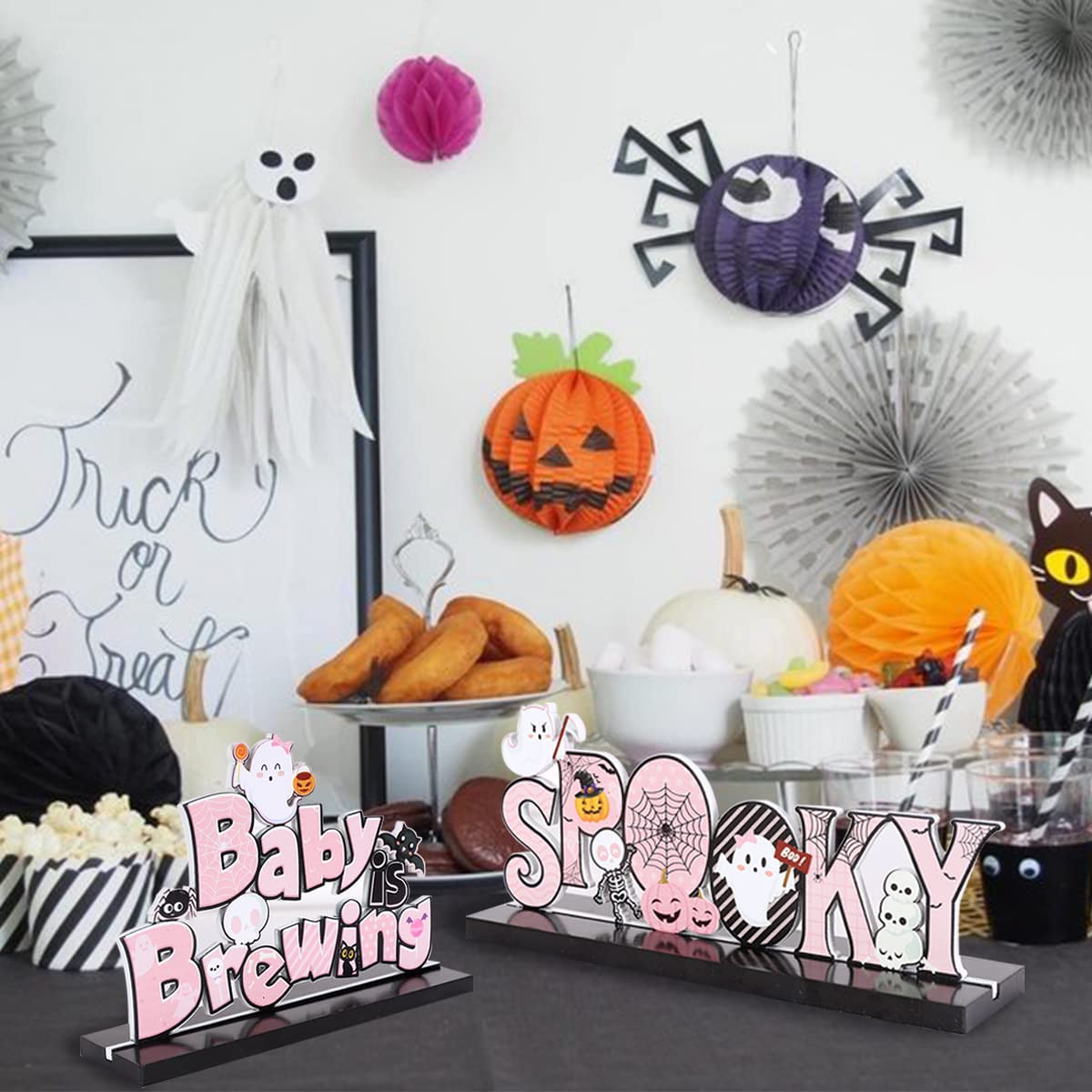 A Baby is Brewing Baby Shower Decorations - Halloween Wooden Centerpiece Sign, Pink Halloween Baby Shower, Gender Reveal Decor, Boo Spooky Baby is Brewing Party Table Decorations, Set of 3