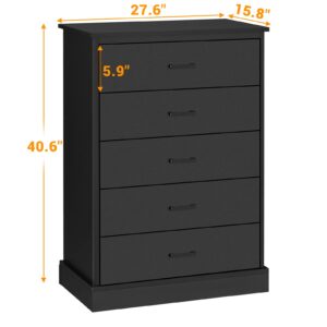 EPHEX Tall Dresser with 5 Drawers for Bedroom, Storage Tower Clothes Organizer, Black Chest of Drawers with Sturdy Pedestal, 27.6'' W x 15.8'' D x 40.2'' H