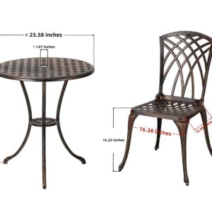 ZOTORUN Bistro Set 3 Piece Cast Aluminum Patio Furniture Sets 2 Chairs and 1 Round Table with Umbrella Hole for Outdoor, Patio Balcony, Bronze