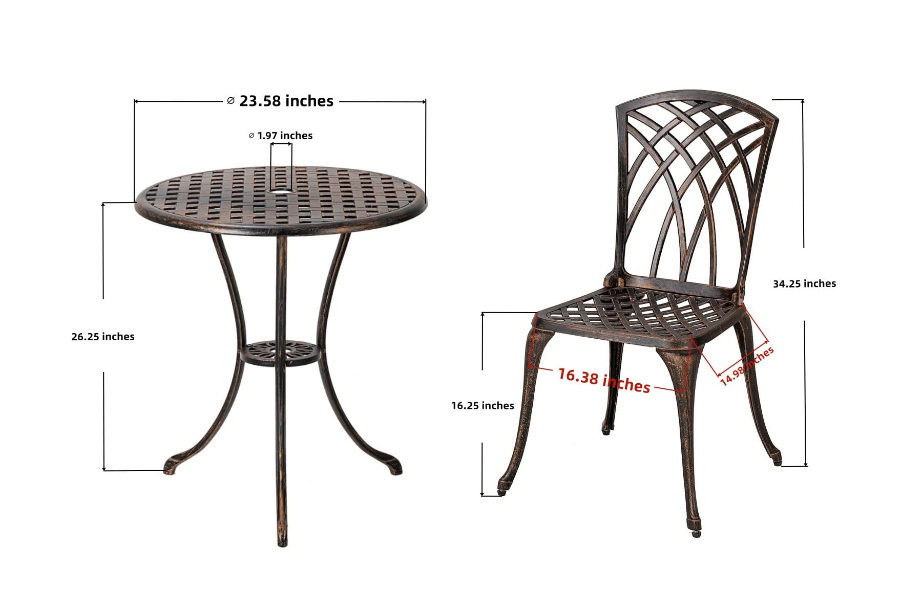 ZOTORUN Bistro Set 3 Piece Cast Aluminum Patio Furniture Sets 2 Chairs and 1 Round Table with Umbrella Hole for Outdoor, Patio Balcony, Bronze