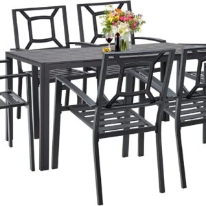 AECOJOY 7 Piece Outdoor Dining Set, Patio Table and Chairs Set with Rectangular Aluminum Table and 6 Metal Stackable Chairs for Garden, Backyard, Matte Black