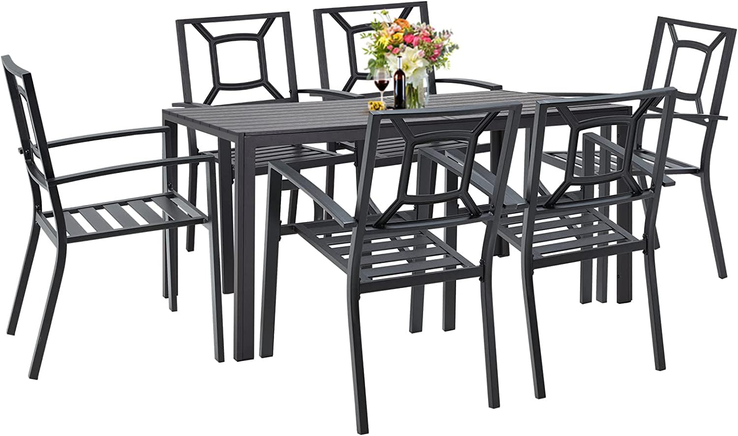 AECOJOY 7 Piece Outdoor Dining Set, Patio Table and Chairs Set with Rectangular Aluminum Table and 6 Metal Stackable Chairs for Garden, Backyard, Matte Black