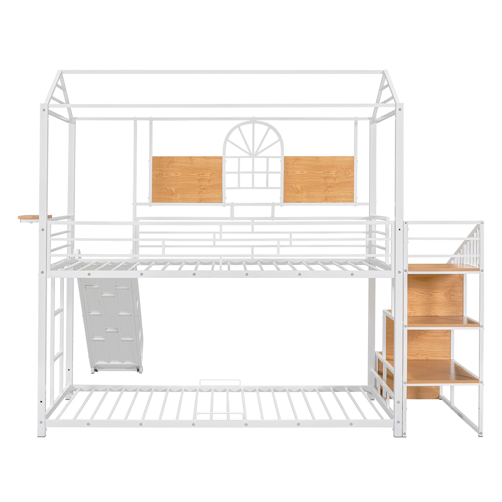 CALABASH Twin Over Twin House Bunk Beds with Slide and Storage Stair with Storage Stairs, Steps Kids Metal Low Bunk Beds with Guardrails for Girls & Boys (White)