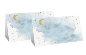 table place card for baby shower, 25 pcs tent cards set with moon and stars design, editable name cards for table seating, sleepover party food lables, twinkle little star baby shower decorations(09)