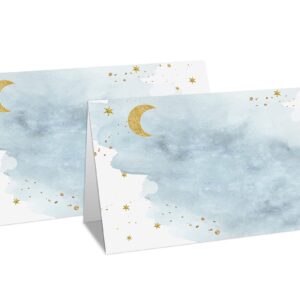 Table Place Card for Baby Shower, 25 Pcs Tent Cards Set with Moon and Stars Design, Editable Name Cards for Table Seating, Sleepover Party Food Lables, Twinkle Little Star Baby Shower Decorations(09)