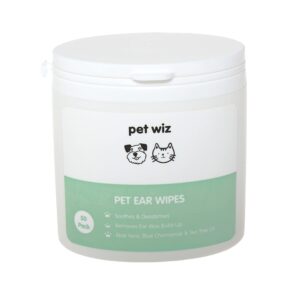 pet wiz Ear Wipes for Dogs & Cats. Clean, Soothe & Deodorise with Natural Active Ingredients Aloe Vera, Witch Hazel, Tea Tree Oil and Blue Chamomile Extract.