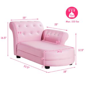 INFANS Kids Sofa, Toddler Couch with PVC Leather & Embedded Crystal, Pink Princess Chaise Lounge Armchair, Toddler Furniture Kids Upholstered Long Lounger for Toddler Baby Girl, Living Room