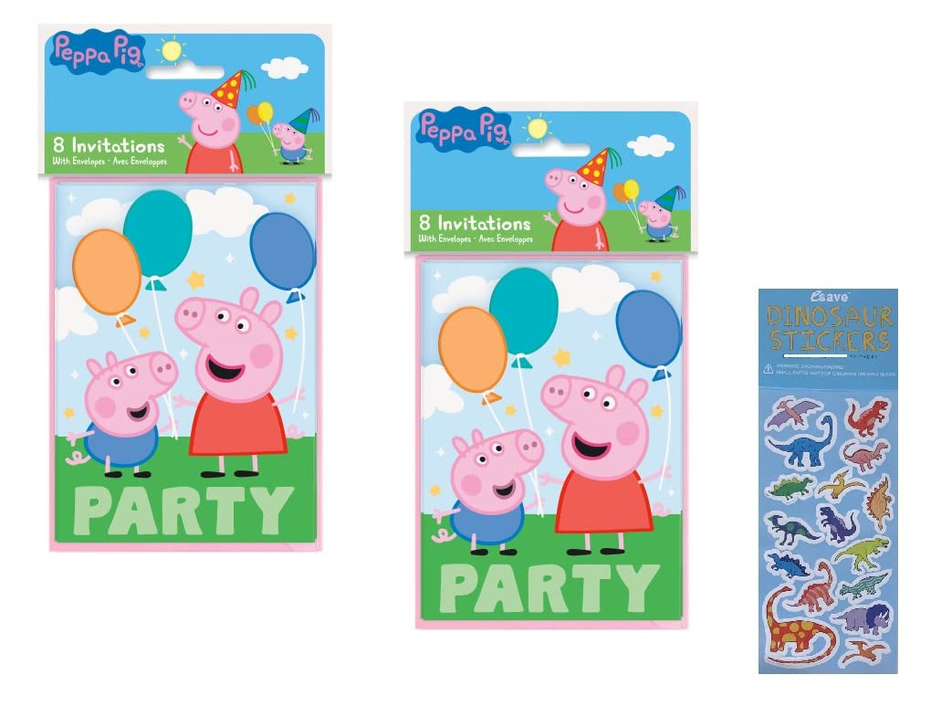 Unique Peppa Pig Birthday Party Supplies Bundle Pack includes 16 Party Invitations with Envelopes and 1 Dinosaur Sticker Sheet