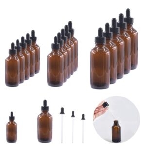 keadic 24 pack 1 oz 2 oz 4 oz glass dropper bottles assortment set with tapered eye dropper & black cap amber round boston tincture bottles for massage essential oils perfumes liquids