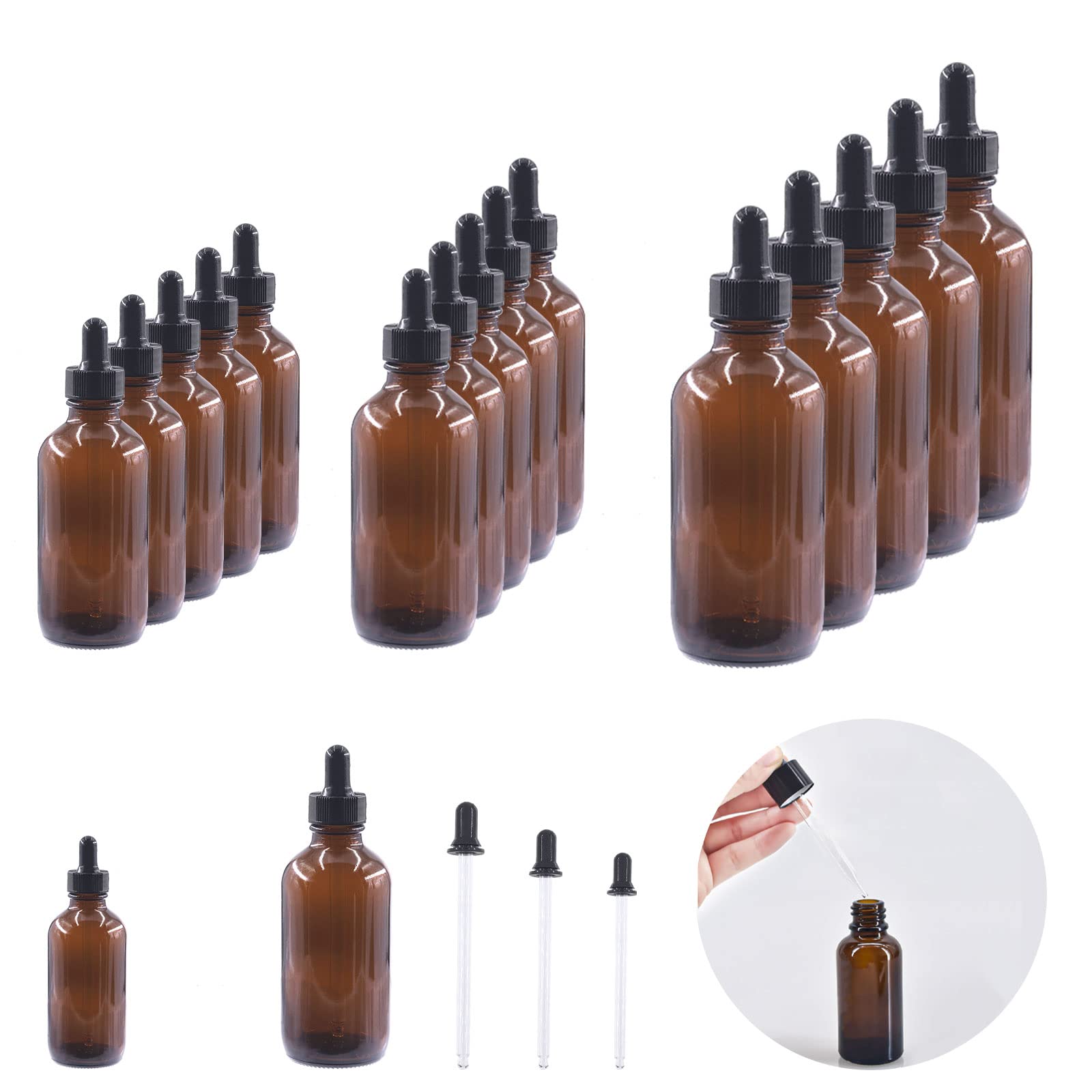 Keadic 24 Pack 1 Oz 2 Oz 4 Oz Glass Dropper Bottles Assortment Set with Tapered Eye Dropper & Black Cap Amber Round Boston Tincture Bottles for Massage Essential Oils Perfumes Liquids