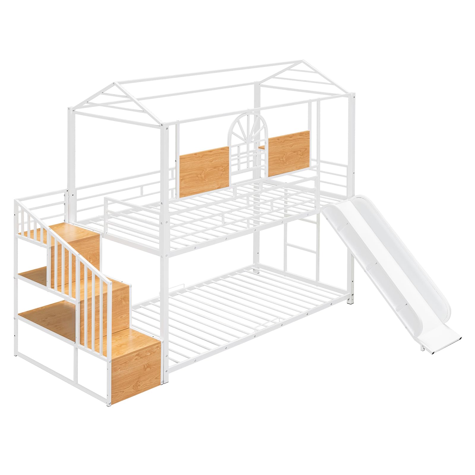 CALABASH Twin Over Twin House Bunk Beds with Slide and Storage Stair with Storage Stairs, Steps Kids Metal Low Bunk Beds with Guardrails for Girls & Boys (White)