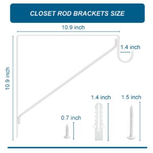 YROUHNAE 2 Pack White Closet Rod Brackets Heavy Duty 10.9"x12.3"x1" Closet Support Brackets for Rod, 300lb Weight Capacity Closet Shelf & Rod Brackets, Closet Pole and Shelves Support