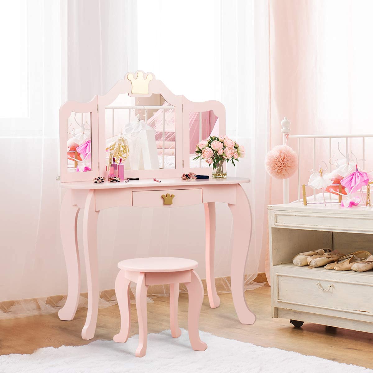 INFANS 2-in-1 Kids Dressing Table & Stool Set, Toddler Wooden Vanity Table with Tri-Fold Mirror & Drawer, Detachable Large Top, Princess Pretend Play Makeup Dresser for Little Girls