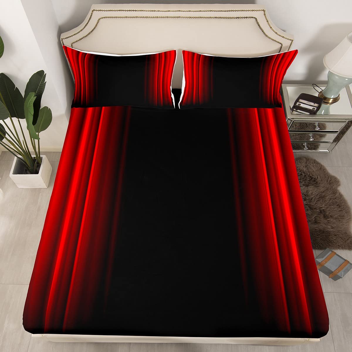 Abstract Ombre Decor Bed Sheets Kids Teens Red and Black Sheet Set Fashion Sheets Girls Boys Room Decor Twin Size,1 Flat Sheet +1 Fitted Sheet+1 Pillowcase, 3Pcs Bedding