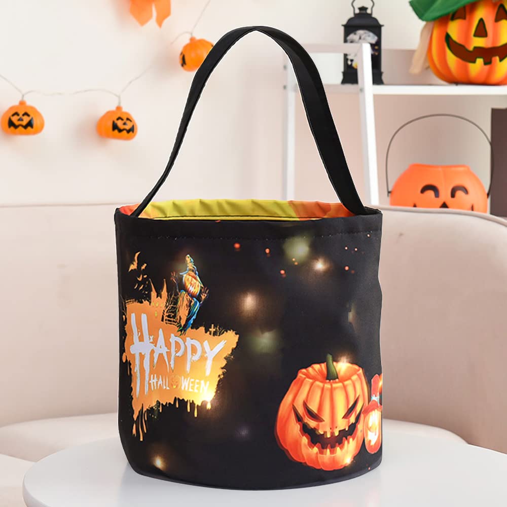 Mopoin LED Light Halloween Candy Bag for Trick or Treating, Light up Halloween Candy Buckets, Halloween Trick or Treat Bags for Kids, Pumpkin Tote Bags for Halloween Party, 9.4 x 9 inch