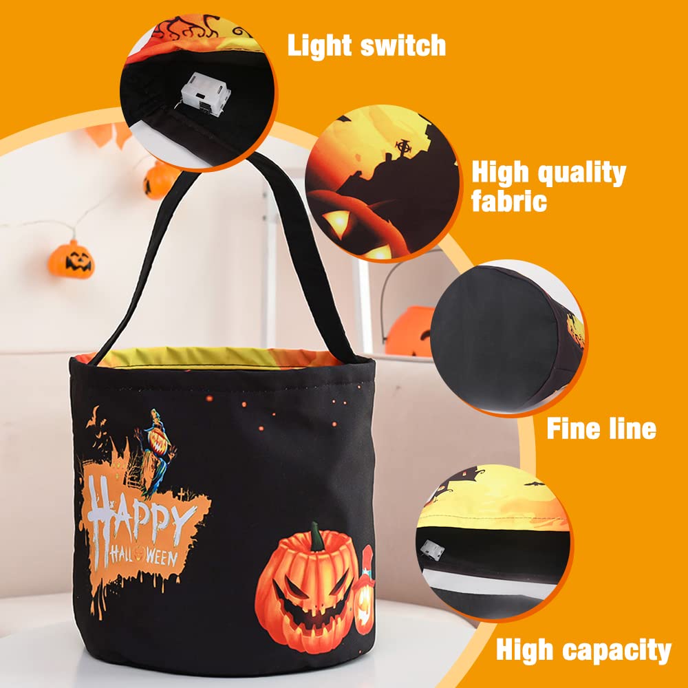 Mopoin LED Light Halloween Candy Bag for Trick or Treating, Light up Halloween Candy Buckets, Halloween Trick or Treat Bags for Kids, Pumpkin Tote Bags for Halloween Party, 9.4 x 9 inch