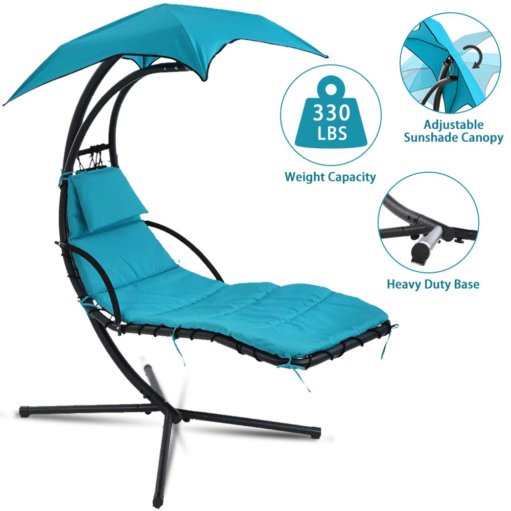 Dkelincs Hanging Lounge Chair, Outdoor Swinging Curved Chaise Lounge Chair with Canopy Umbrella and Pillow for Outside, Large Heavy Duty Egg Chair for Porch Patio Backyard Deck Blue