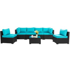 shintenchi 7 pieces outdoor patio sectional sofa couch, black pe wicker furniture conversation sets with washable cushions & glass coffee table for garden, poolside, backyard (blue)