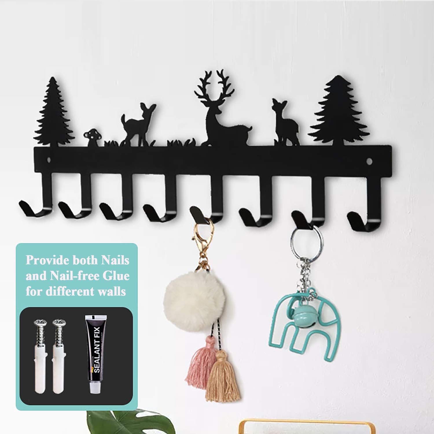 BeiLeiNiceHK Key Holder Wall Mount Metal Key Hook Cute Forest Deer Key Hanger Adhesive Key Organizer Rack for Entryway,Front Door,Hallway,Office,8-Hooks,Black