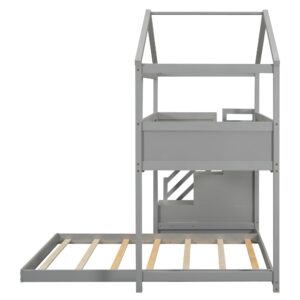 Harper & Bright Designs Twin Over Full House Bunk Bed with Stairs and Blackboard, Wood Floor Bunk Bed Frame with Storage Staircase, for Kids Teens (Gray)