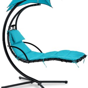 Dkelincs Hanging Lounge Chair, Outdoor Swinging Curved Chaise Lounge Chair with Canopy Umbrella and Pillow for Outside, Large Heavy Duty Egg Chair for Porch Patio Backyard Deck Blue