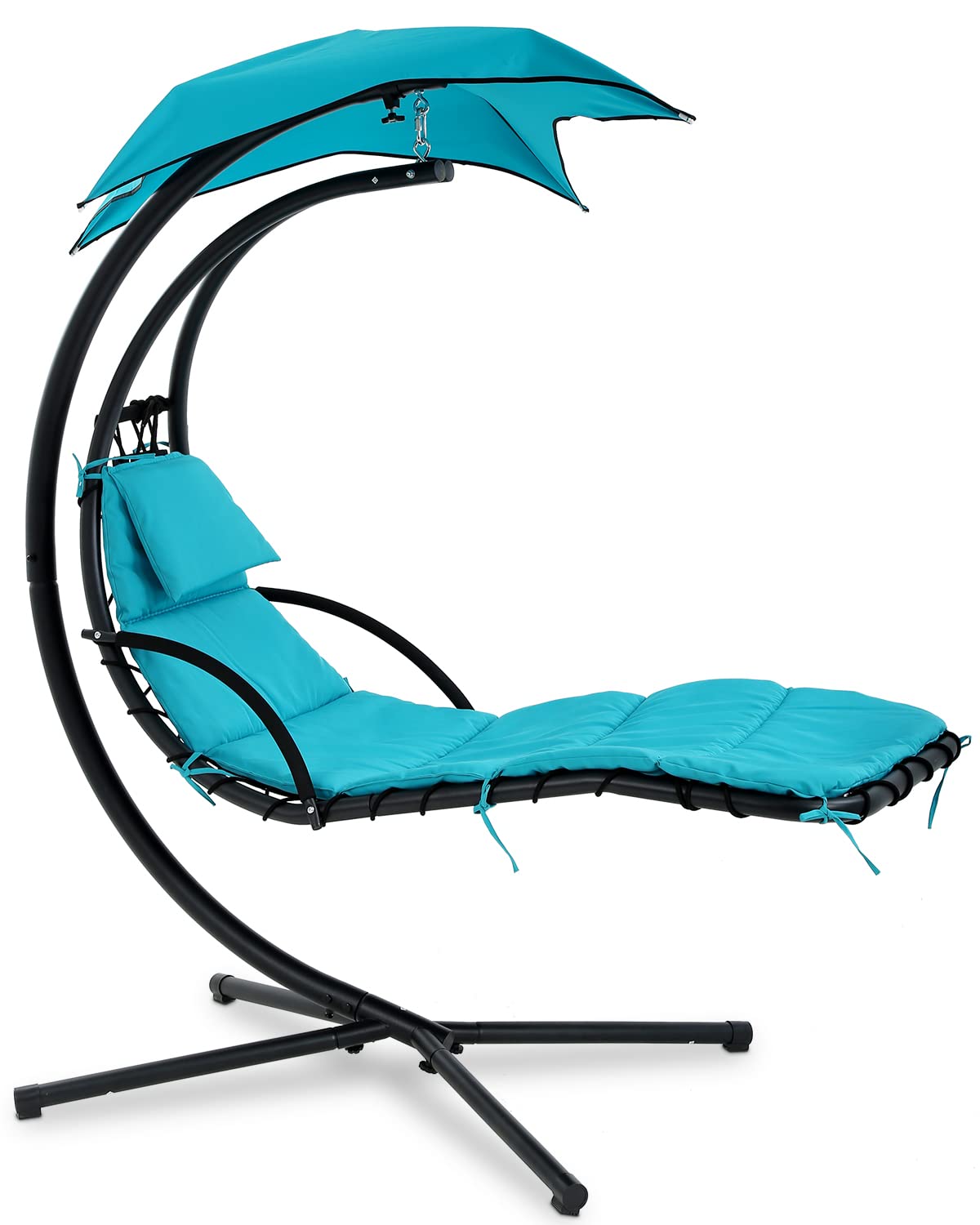 Dkelincs Hanging Lounge Chair, Outdoor Swinging Curved Chaise Lounge Chair with Canopy Umbrella and Pillow for Outside, Large Heavy Duty Egg Chair for Porch Patio Backyard Deck Blue