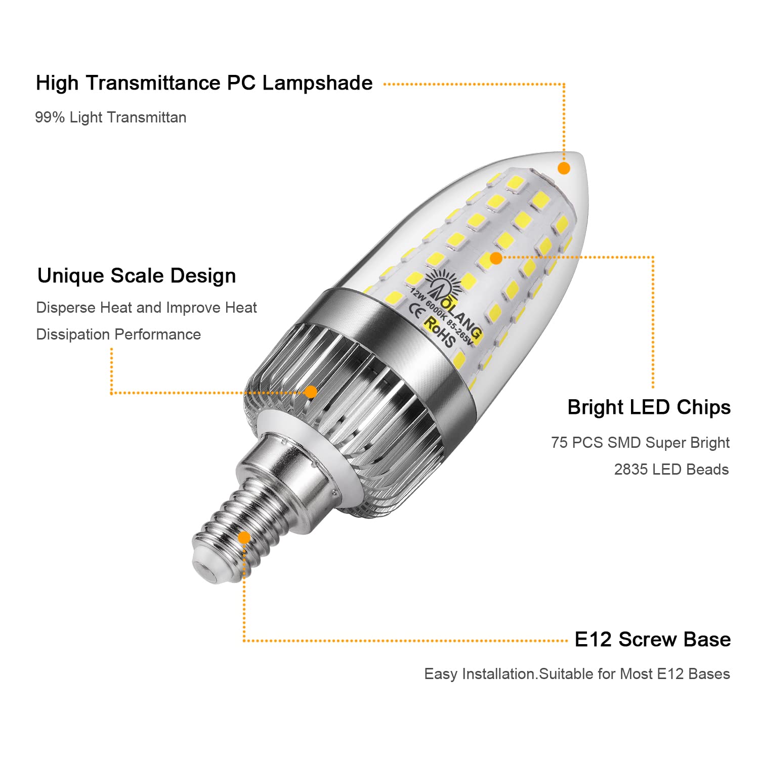 Aolang E12 LED Candelabra Bulb, 12W LED Candle Bulbs,100-Watt Light Bulbs Equivalent, Daylight White 6000K Chandelier Bulbs, E12 Candelabra Base, 85V-265V, 1200Lumens, Non-Dimmable (4 Pack)