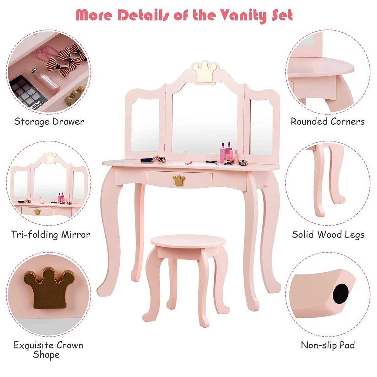 INFANS 2-in-1 Kids Dressing Table & Stool Set, Toddler Wooden Vanity Table with Tri-Fold Mirror & Drawer, Detachable Large Top, Princess Pretend Play Makeup Dresser for Little Girls