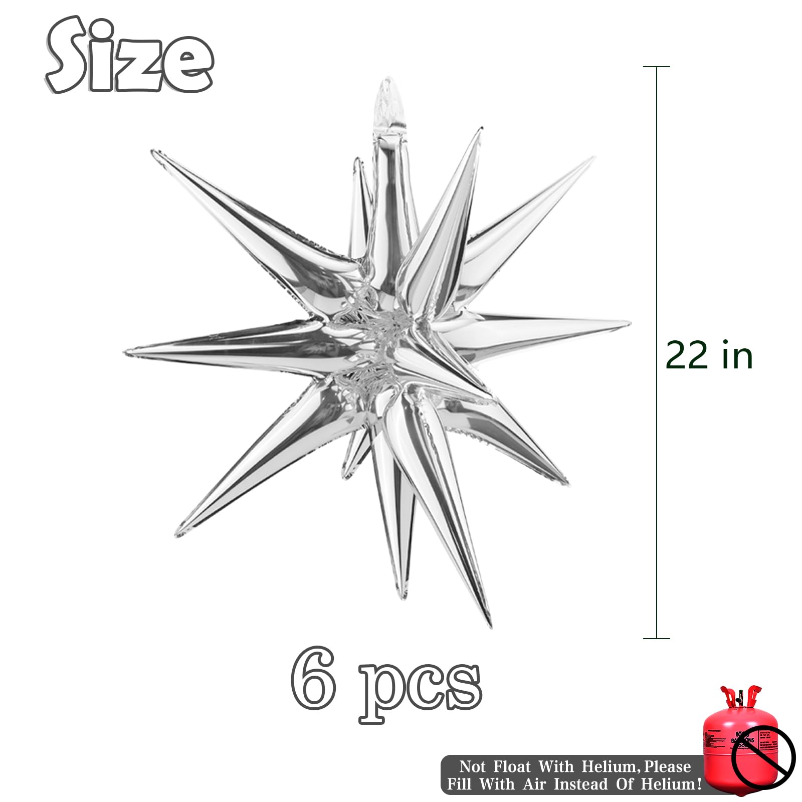 Moukiween 6 Pcs Explosion Star Foil Balloons- 12 Point Star Balloons, Silver Starburst Cone Mylar Balloons Spike Balloons for Party Supplies Christmas Birthday Wedding Baby Shower Photo Booth