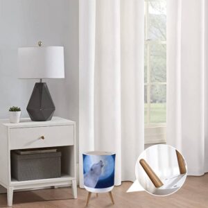 Small Trash Can with Lid for Bathroom Kitchen Office Diaper 3D rendering a majestic white sitting down howling to a big moon Stars Bedroom Garbage Trash Bin Dog Proof Waste Basket Cute Decorative