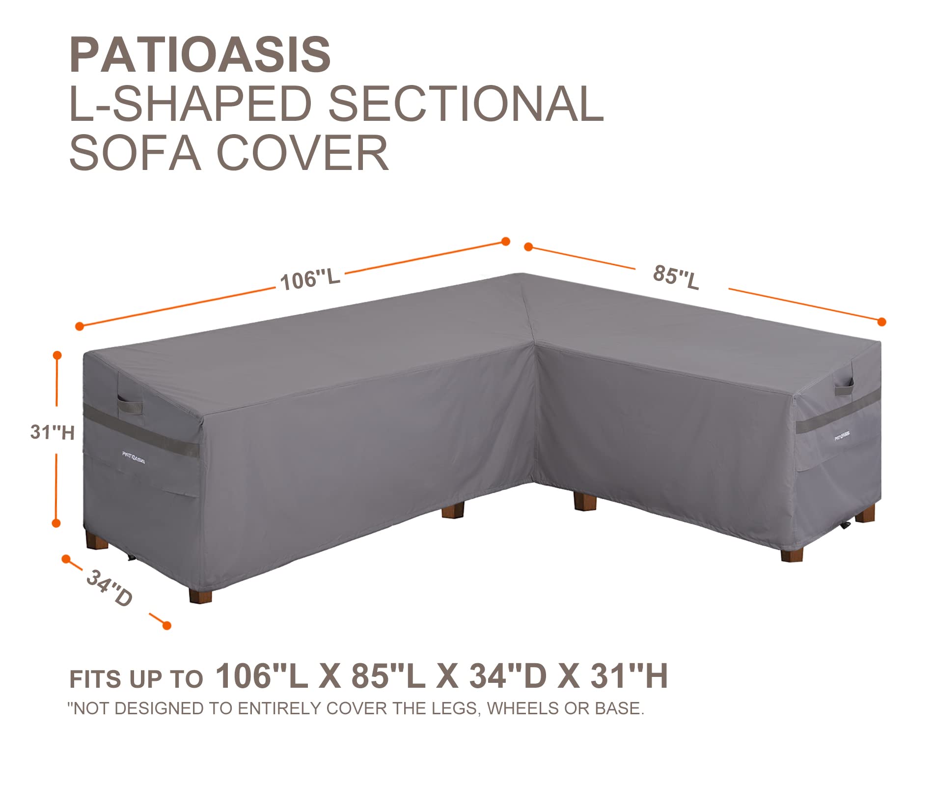 PATIOASIS Sectional Outdoor Furniture Cover Waterproof, Right Facing Patio Deck Lounge Set Sofa Covers Grey L Shaped 106''L x 85''L x 34''D x 31''/26''H