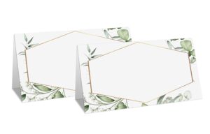 gold foil greenery table place card, 25 pcs tent style cards set with green eucalyptus, editable name cards for table seating, food lables for birthday party, baby shower, wedding, bridal shower(12)