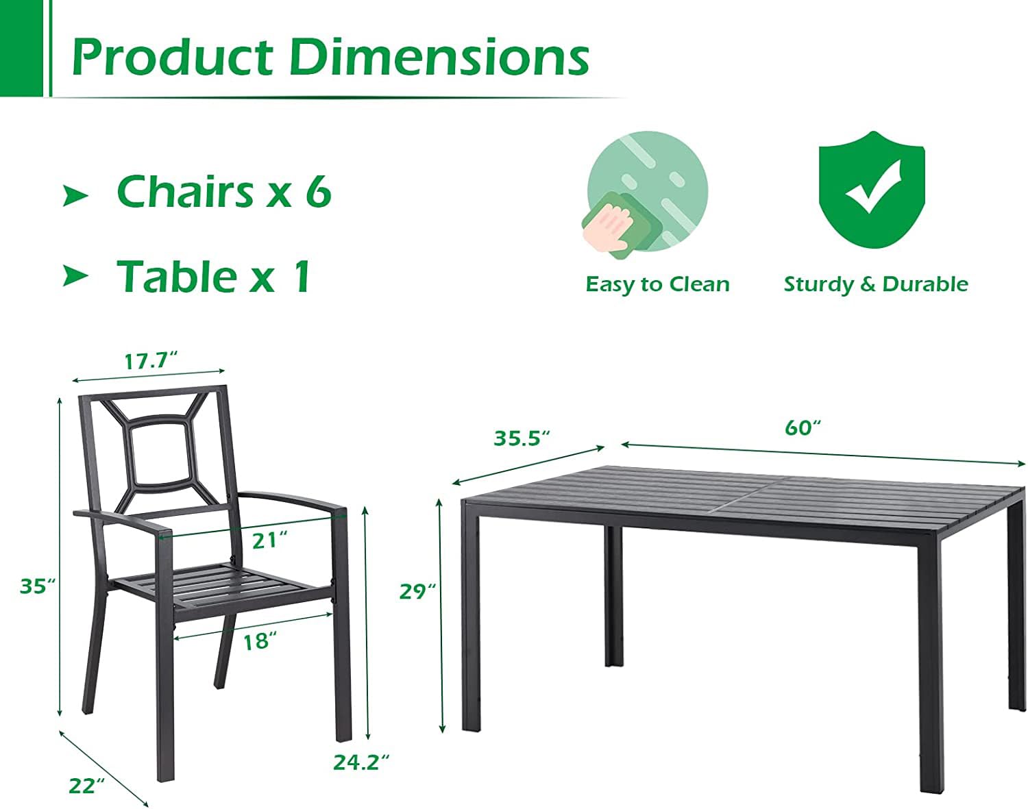 AECOJOY 7 Piece Outdoor Dining Set, Patio Table and Chairs Set with Rectangular Aluminum Table and 6 Metal Stackable Chairs for Garden, Backyard, Matte Black