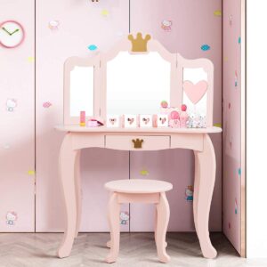 INFANS 2-in-1 Kids Dressing Table & Stool Set, Toddler Wooden Vanity Table with Tri-Fold Mirror & Drawer, Detachable Large Top, Princess Pretend Play Makeup Dresser for Little Girls