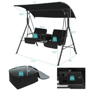 Happygrill 2 Person Porch Swing with Canopy, Outdoor Patio Swing with Center Tray & 6 Gal Cooler Bag, 2 Back Cushions & 2 Seat Cushions Included