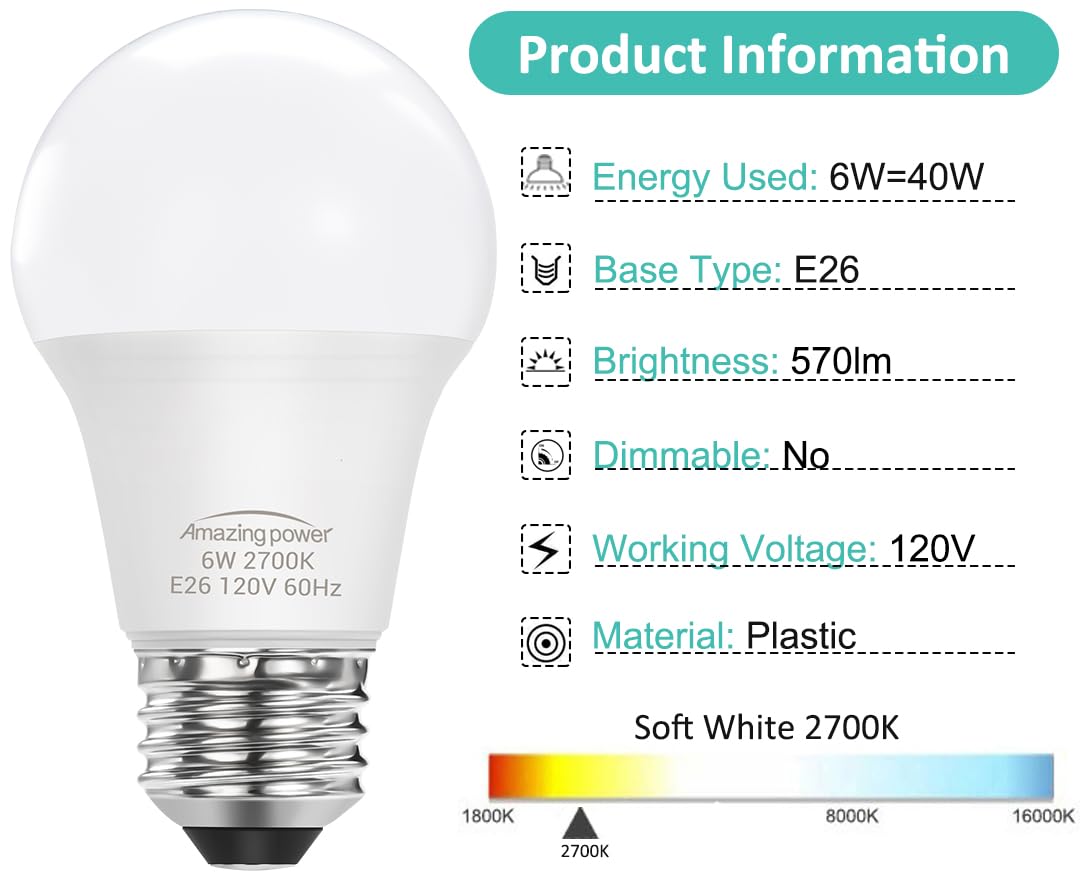 Amazing power E26 LED Bulb, 40W Equivalent Medium Base Light Bulb, Non-Dimmable, Soft White 2700K, 6W E26 LED Light Bulbs for Home Lighting Lamp, 4-Pack