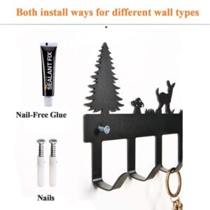 BeiLeiNiceHK Key Holder Wall Mount Metal Key Hook Cute Forest Deer Key Hanger Adhesive Key Organizer Rack for Entryway,Front Door,Hallway,Office,8-Hooks,Black