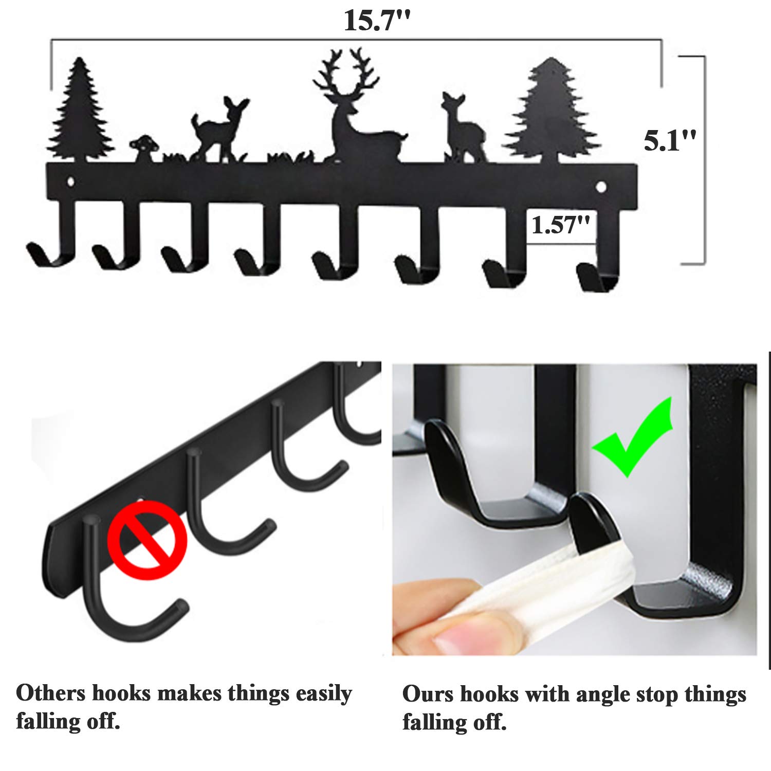 BeiLeiNiceHK Key Holder Wall Mount Metal Key Hook Cute Forest Deer Key Hanger Adhesive Key Organizer Rack for Entryway,Front Door,Hallway,Office,8-Hooks,Black