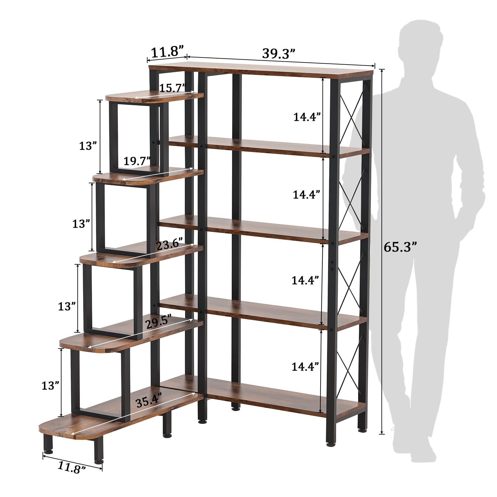 PONROL Large Corner Bookshelf Bookcase, Industrial Reversible 5 Tier Ladder Shelves Storage Display Rack with Metal Frame, Modern Home Office Furniture for Living Room Bedroom