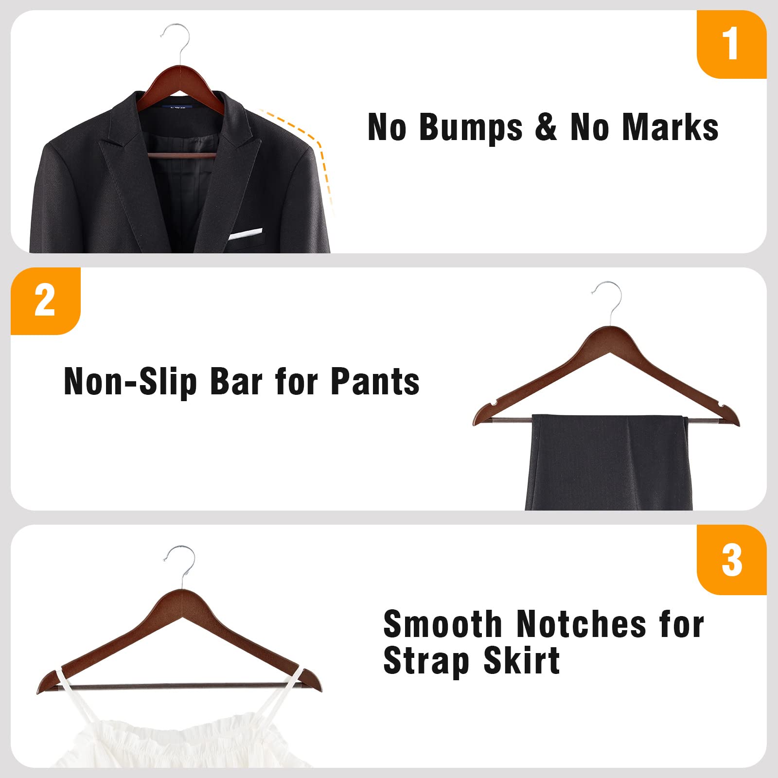 TECHMILLY Solid Natural Wooden Coat Hangers, 10 Pack Heavy Duty Smooth Finish Suit Hangers with Non-Slip Pant Bar, Precisely Cut Notches & Chrome Swivel Hook for Closet, Wardrobe