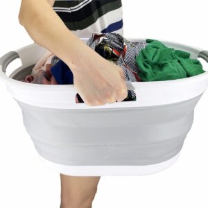 SAMMART 25L (6.6 gallon) Collapsible Plastic Laundry Basket - Foldable Pop Up Storage Container/Organizer - Portable Washing Tub - Space Saving Hamper/Basket (White/Grey)