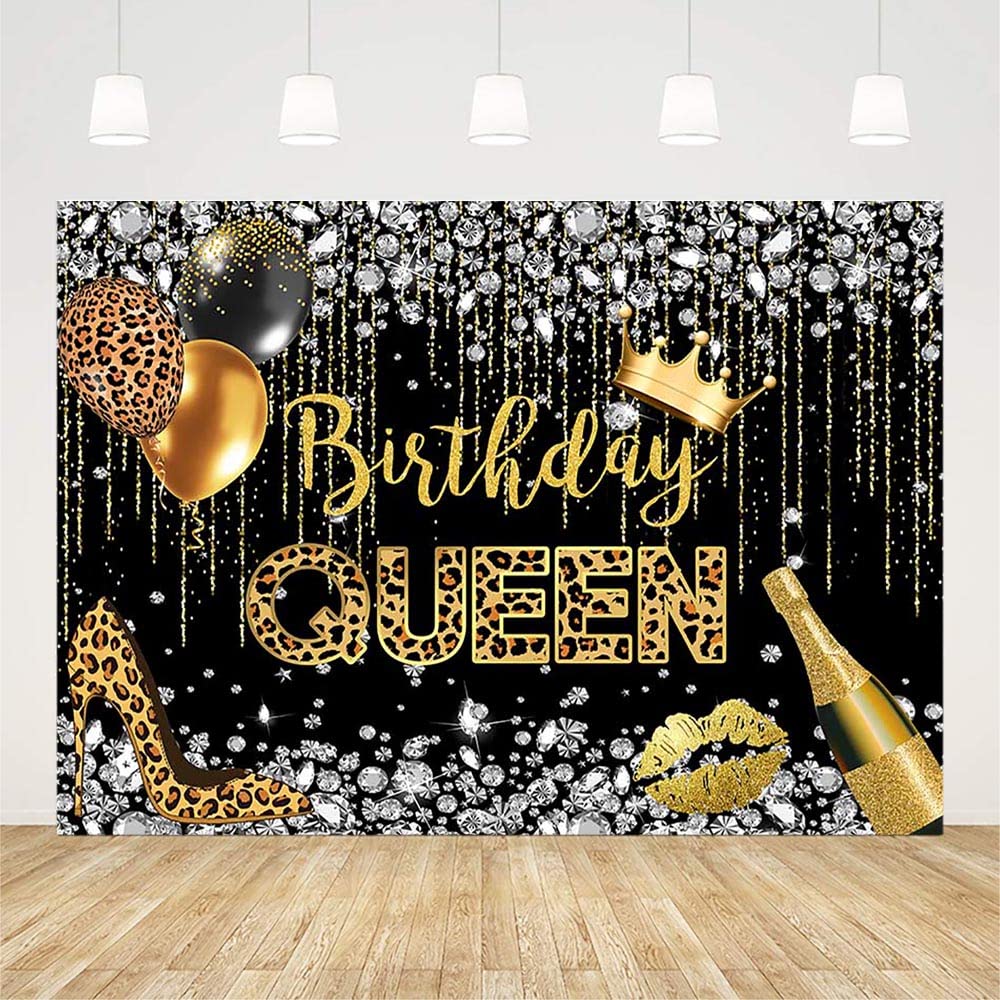 Sendy 7x5ft Birthday Queen Backdrop for Woman Girl Leopard Black and Gold Diamond Crown Balloon Champagne Photography Background Prom Bday Party Decorations Supplies Banner Cake Table Props, One Size