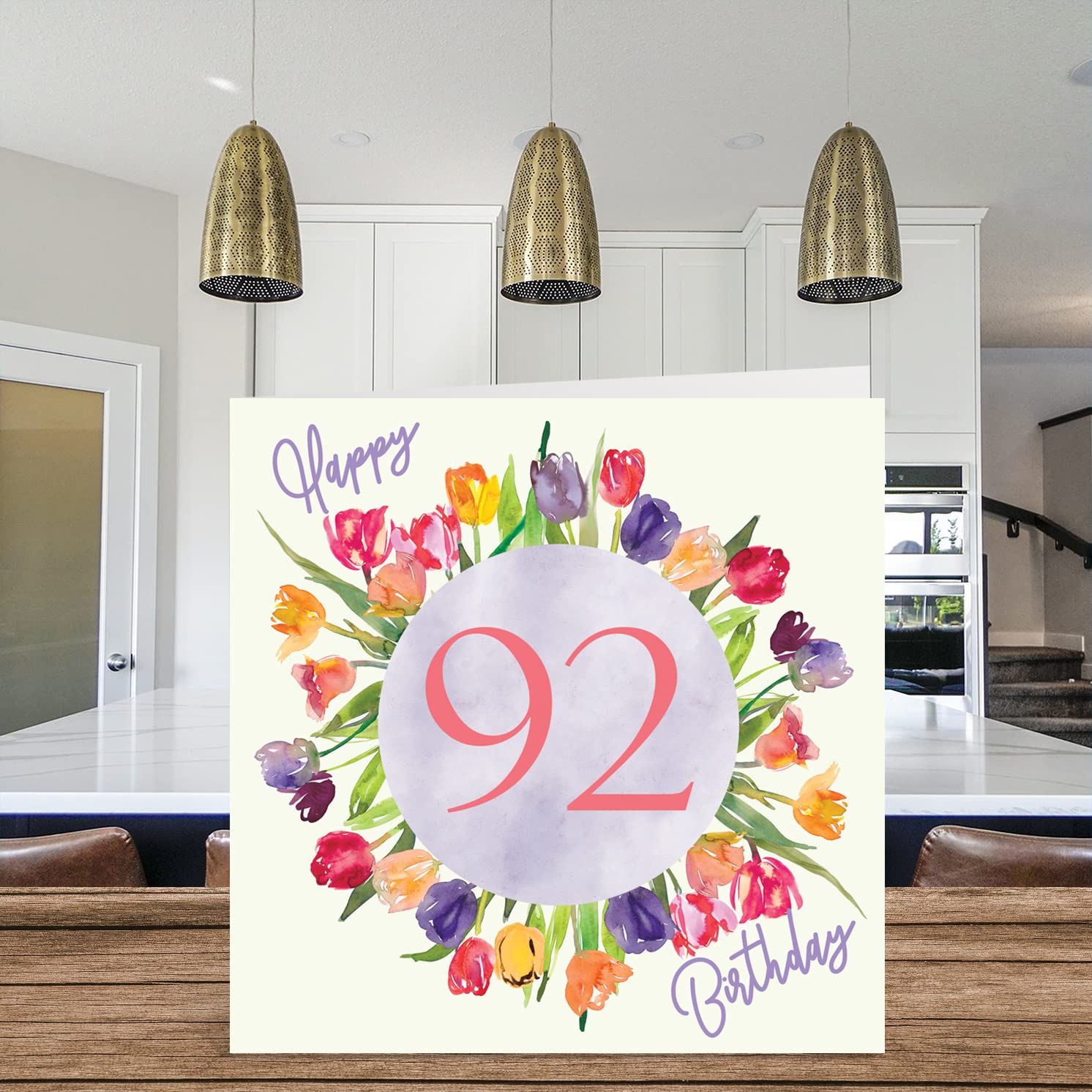 Beautiful 92nd Birthday Cards for Women - Watercolour Tulips Flowers Bouquet - Happy Birthday Card for Her Great Grandma Nanny Gran Birthday Gifts, 5.7 x 5.7 Inch Lovely Floral Greeting Cards Gift